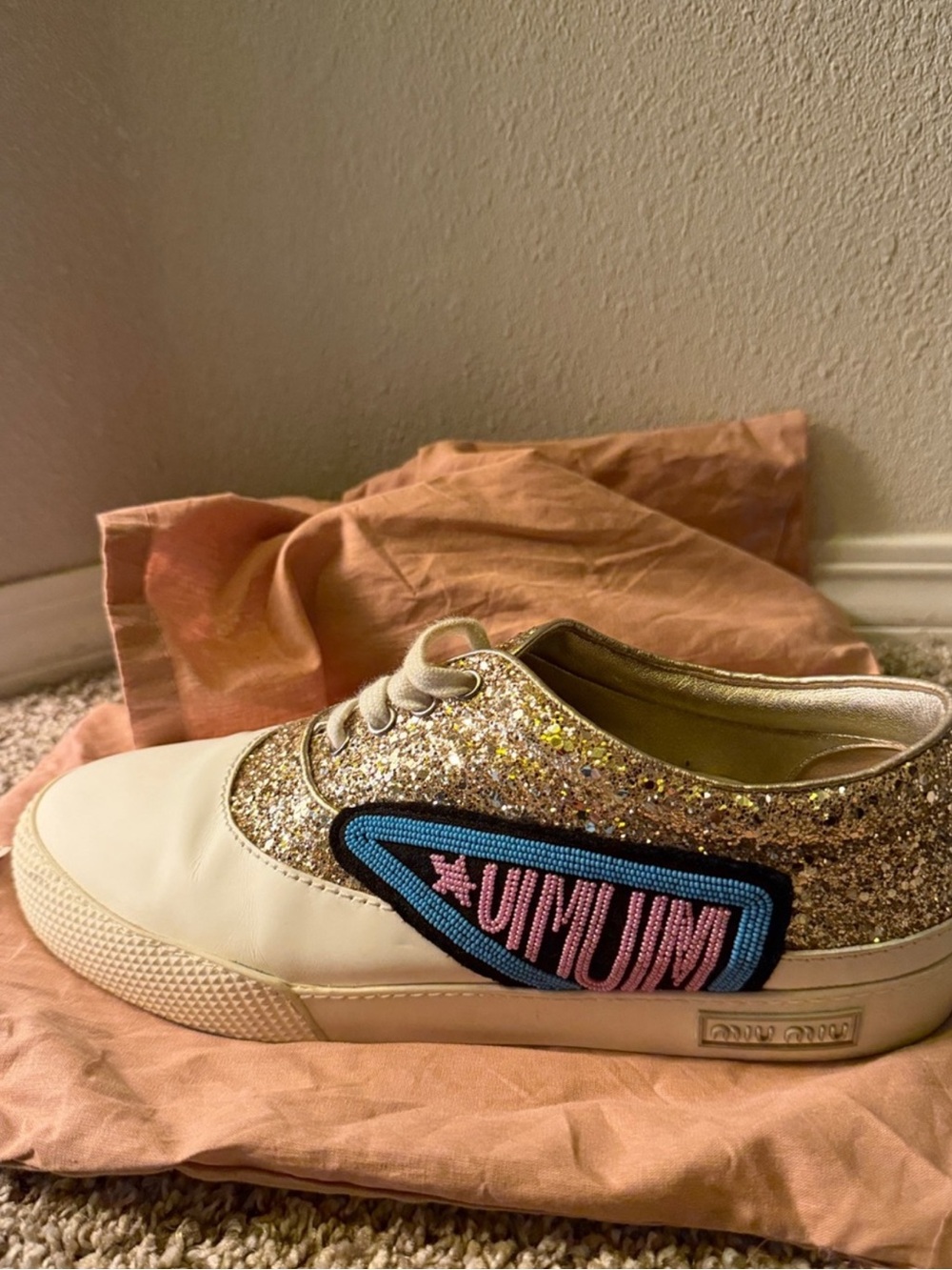 Miu Miu Cream Leather & Gold Glitter Kids Sneaker with Blue and Pink Patch